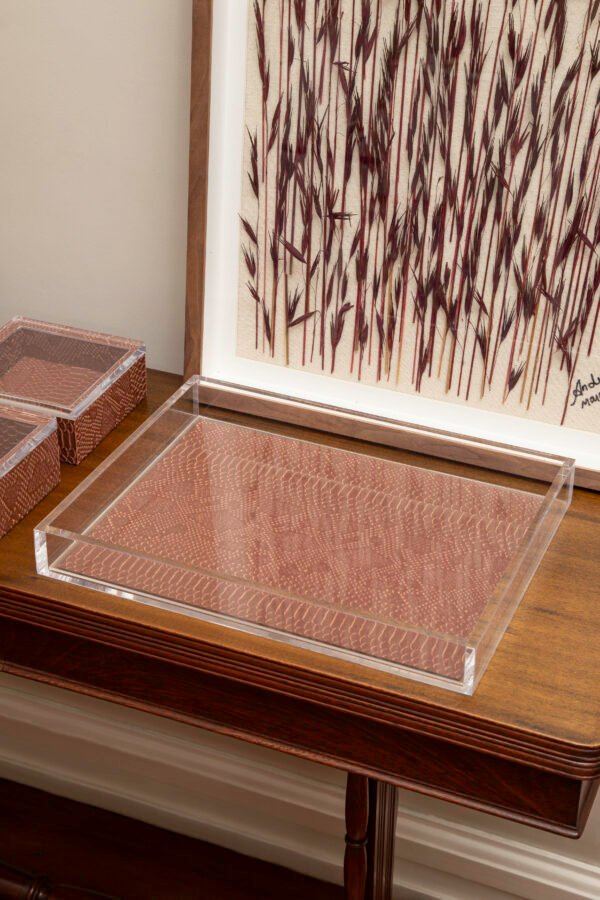 Bandeja acrílico fundo couro vermelho